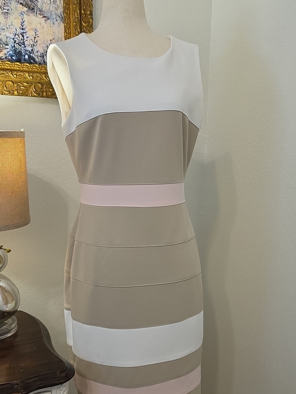 Marc New York Beige, White and Light Pink Colorblock Sheath Dress